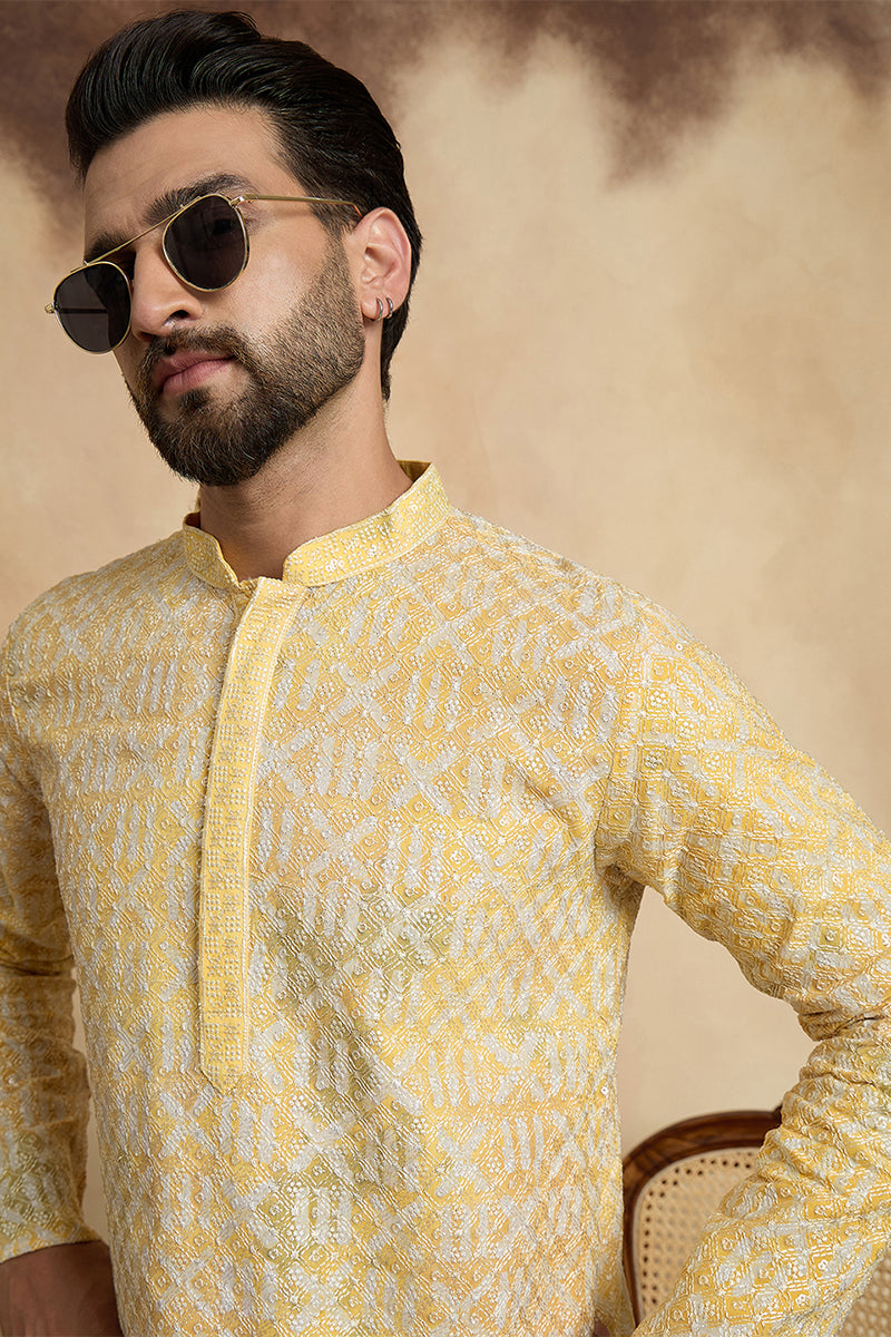 Yellow Viscose Rayon Embroidered Straight Kurta With Trousers