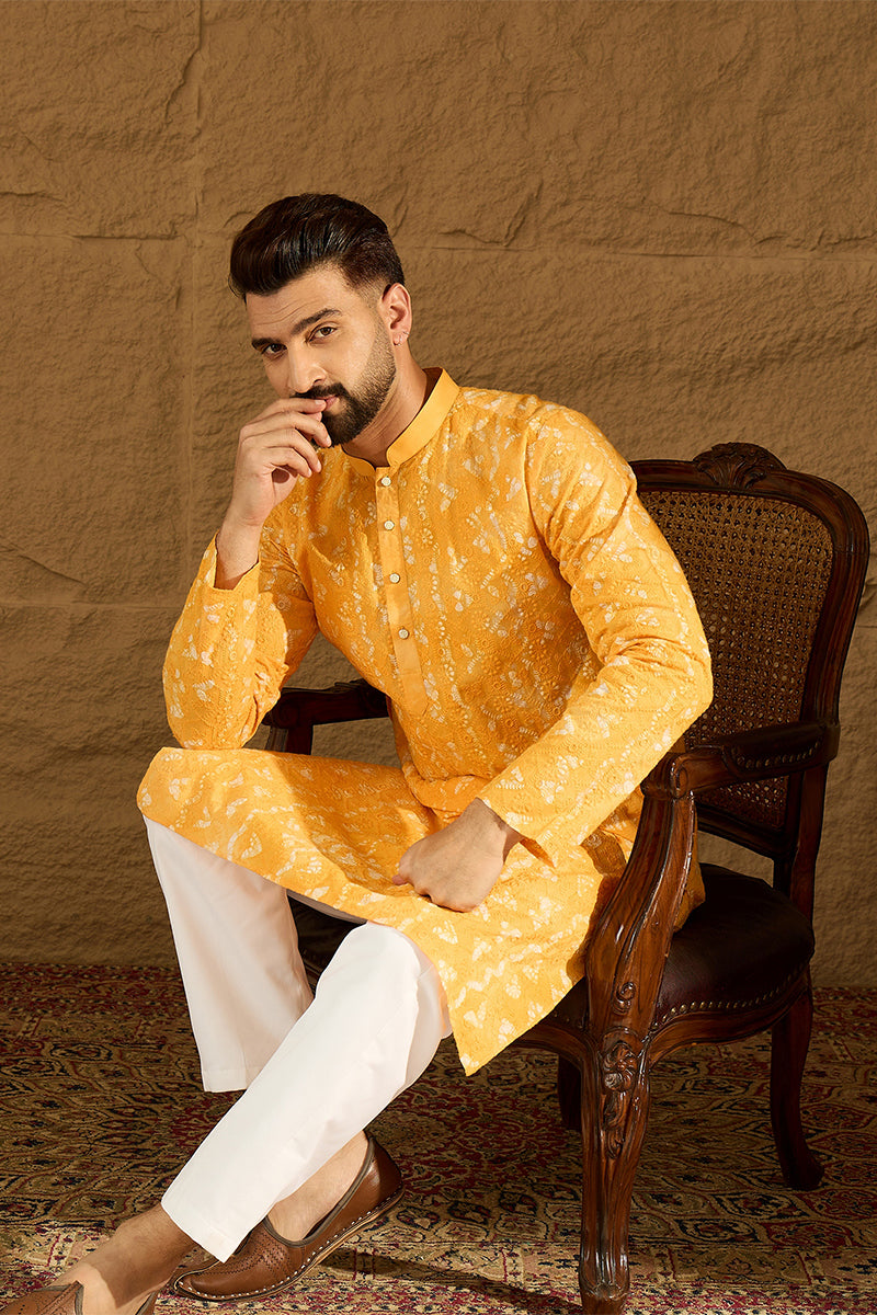 yellow cotton batik embroidered straight kurta with trouser