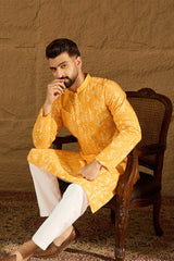 yellow cotton batik embroidered straight kurta with trouser