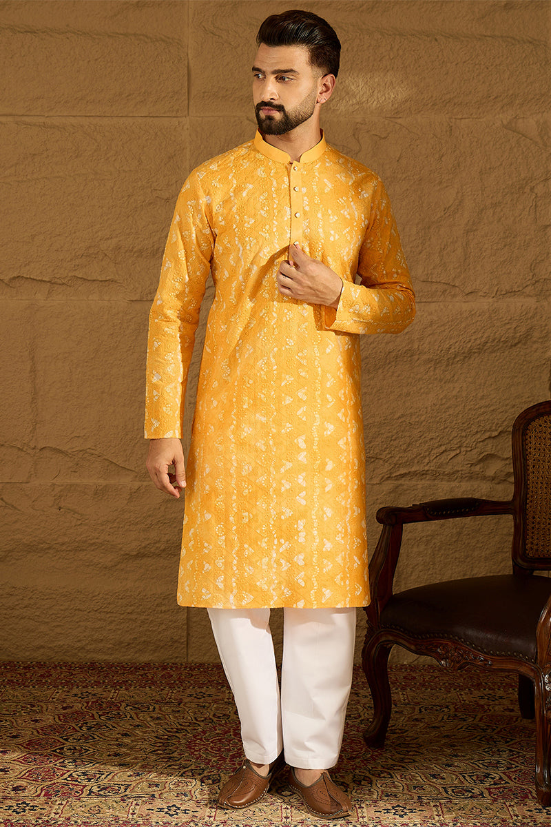 yellow cotton batik embroidered straight kurta with trouser