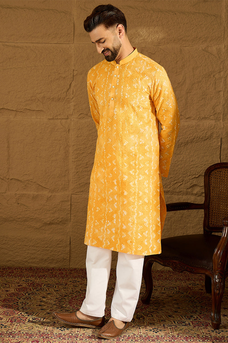 yellow cotton batik embroidered straight kurta with trouser