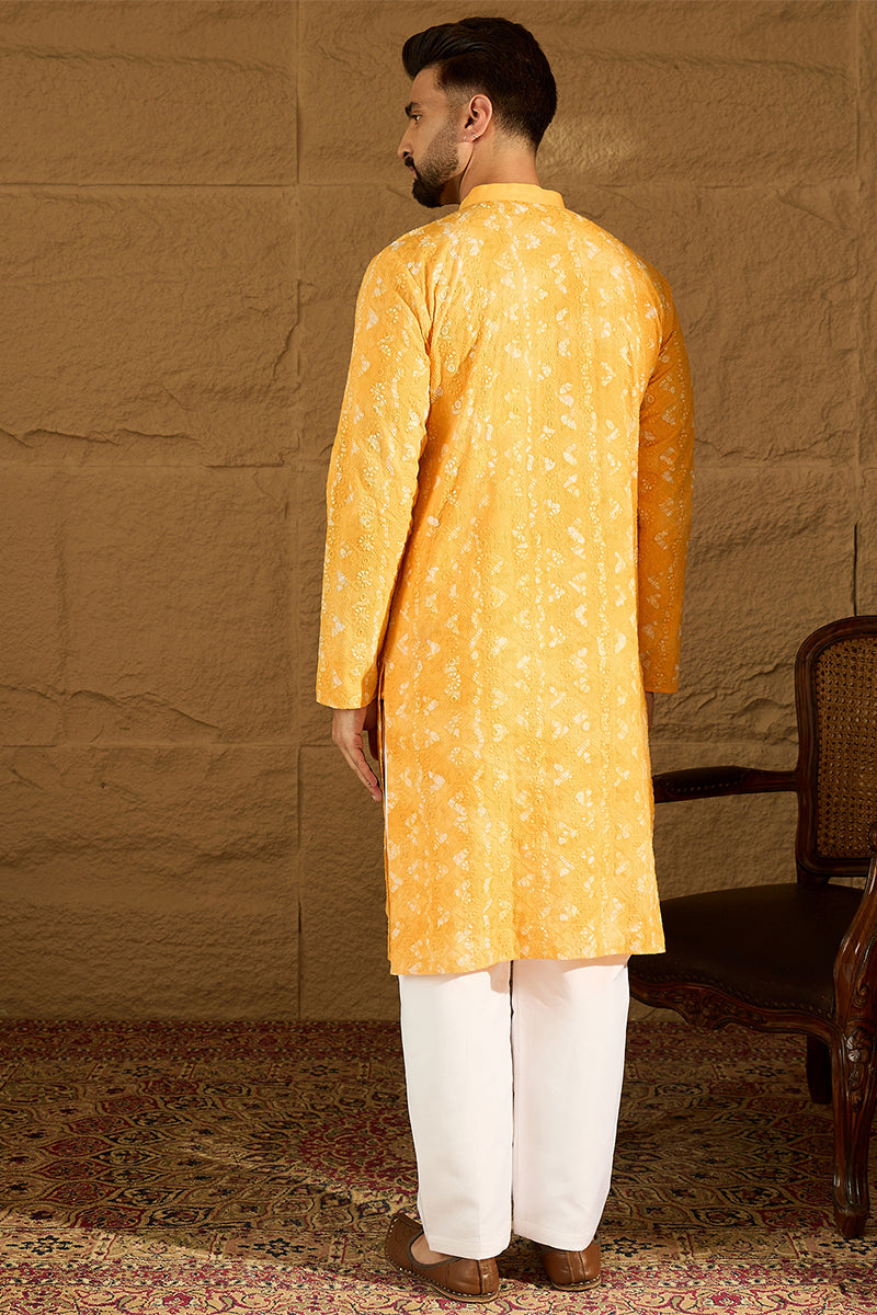 yellow cotton batik embroidered straight kurta with trouser