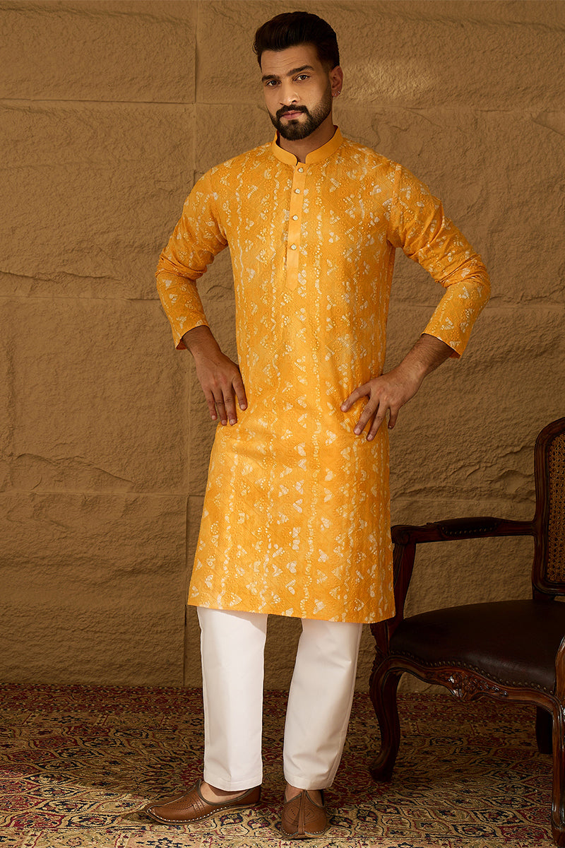 yellow cotton batik embroidered straight kurta with trouser