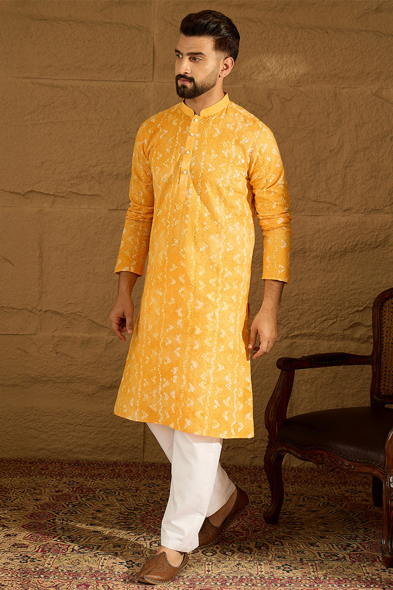 yellow cotton batik embroidered straight kurta with trouser