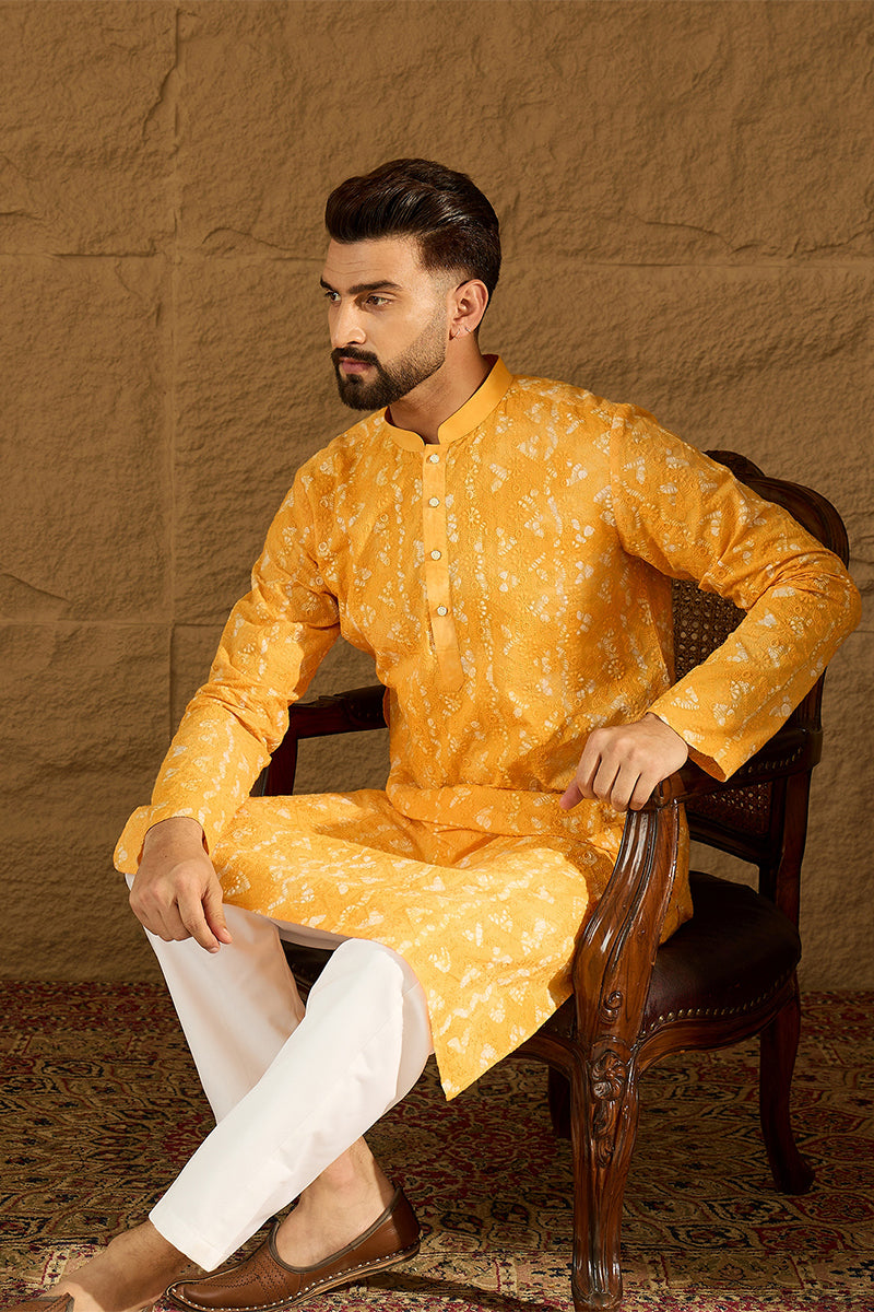 yellow cotton batik embroidered straight kurta with trouser