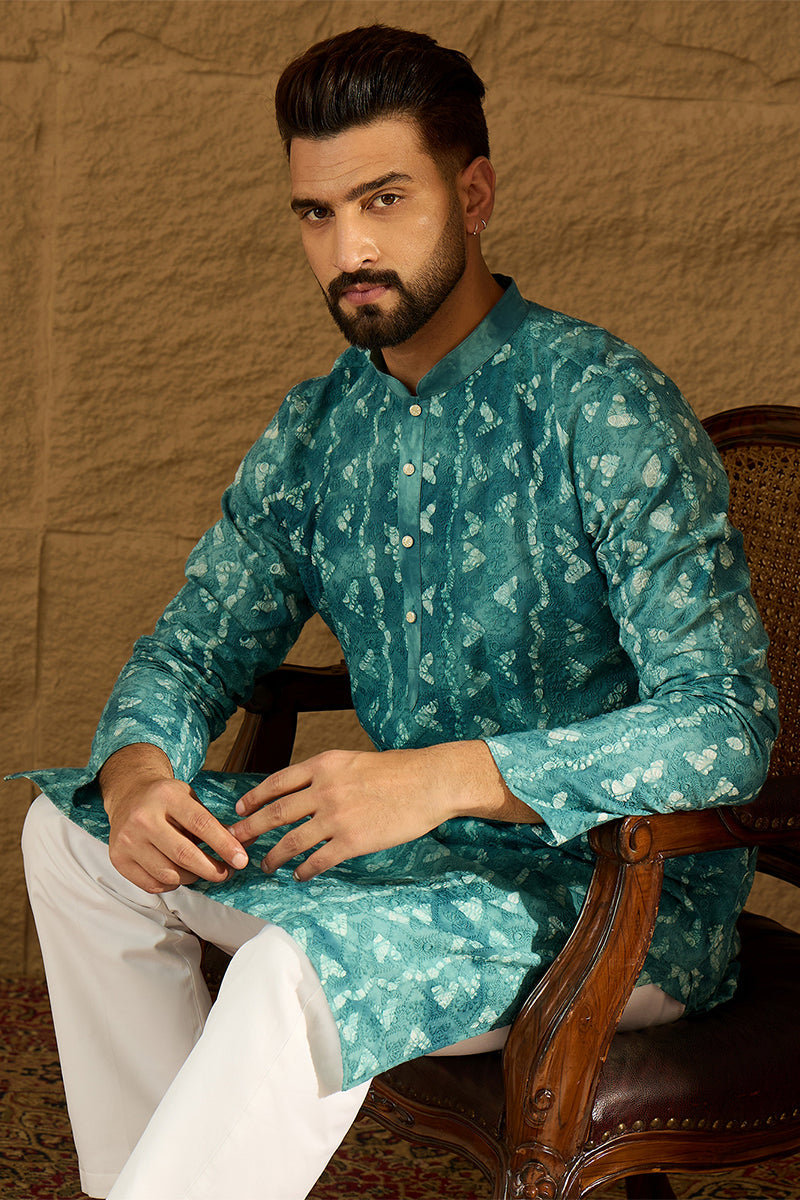blue cotton batik embroidered straight kurta with trouser