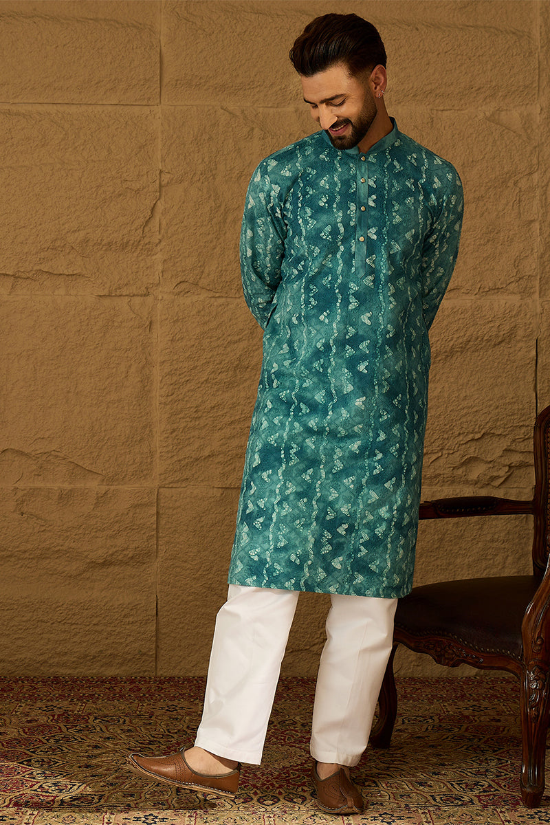 blue cotton batik embroidered straight kurta with trouser