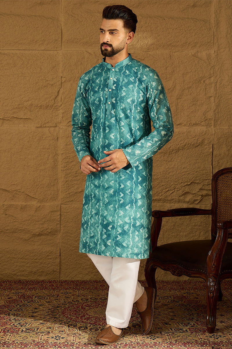 blue cotton batik embroidered straight kurta with trouser