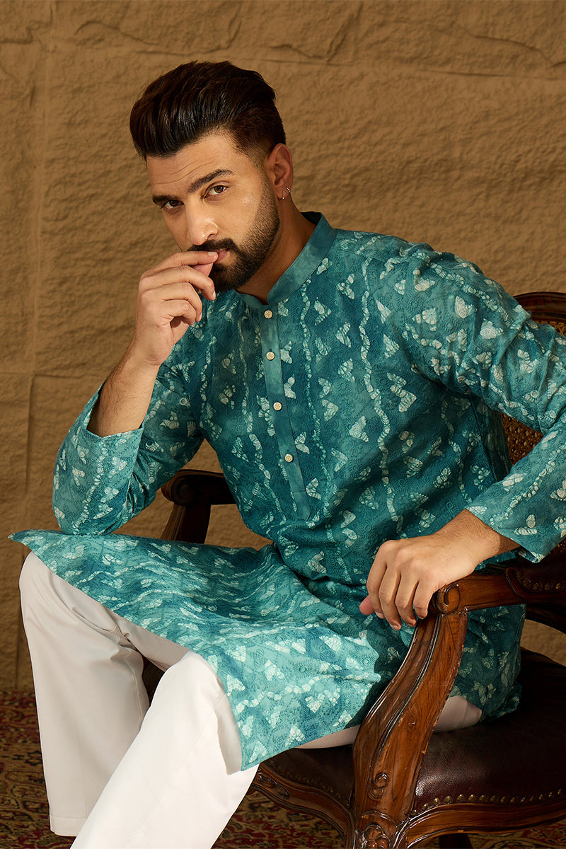 blue cotton batik embroidered straight kurta with trouser