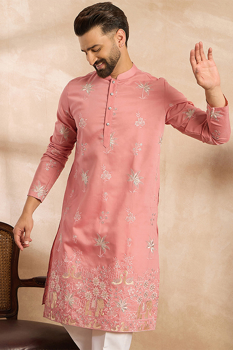 Pink Cotton Solid Embroidered Straight Kurta MKU1677