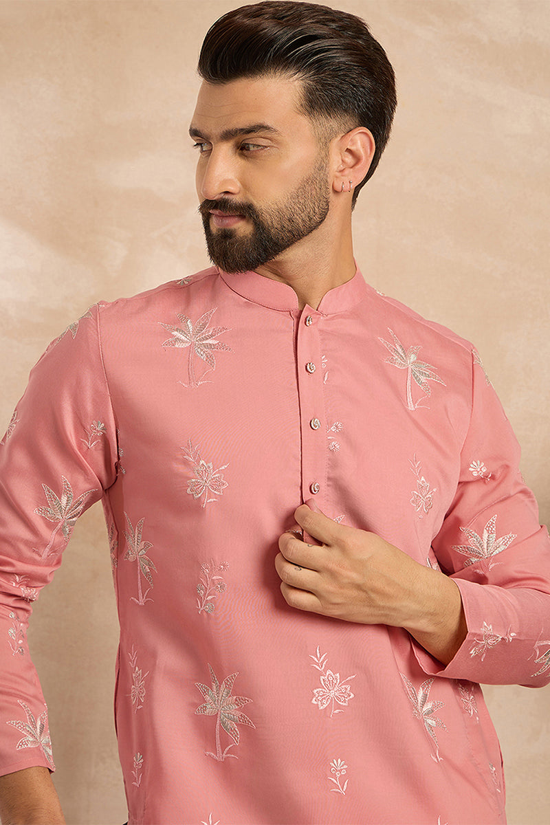 Pink Cotton Solid Embroidered Straight Kurta MKU1677