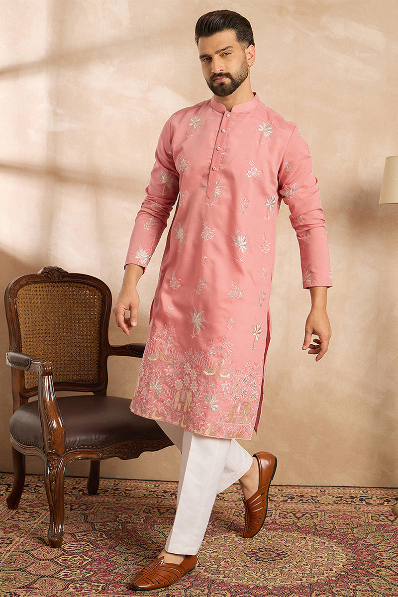Pink Cotton Solid Embroidered Straight Kurta MKU1677
