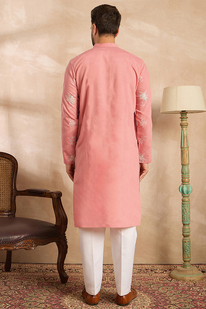 Pink Cotton Solid Embroidered Straight Kurta MKU1677