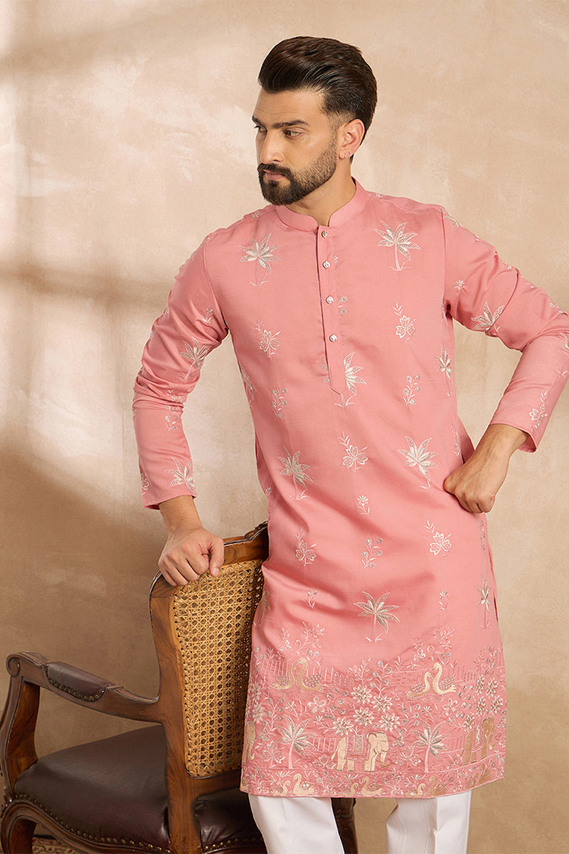 Pink Cotton Solid Embroidered Straight Kurta