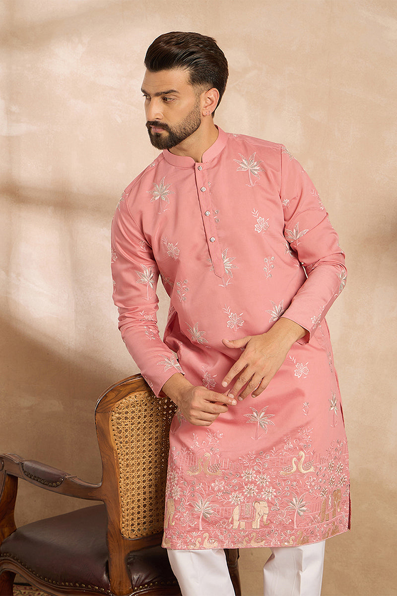 Pink Cotton Solid Embroidered Straight Kurta