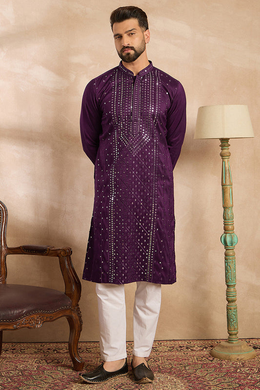 Purple Silk Blend Geometric Embroidered Straight Kurta MKU1687