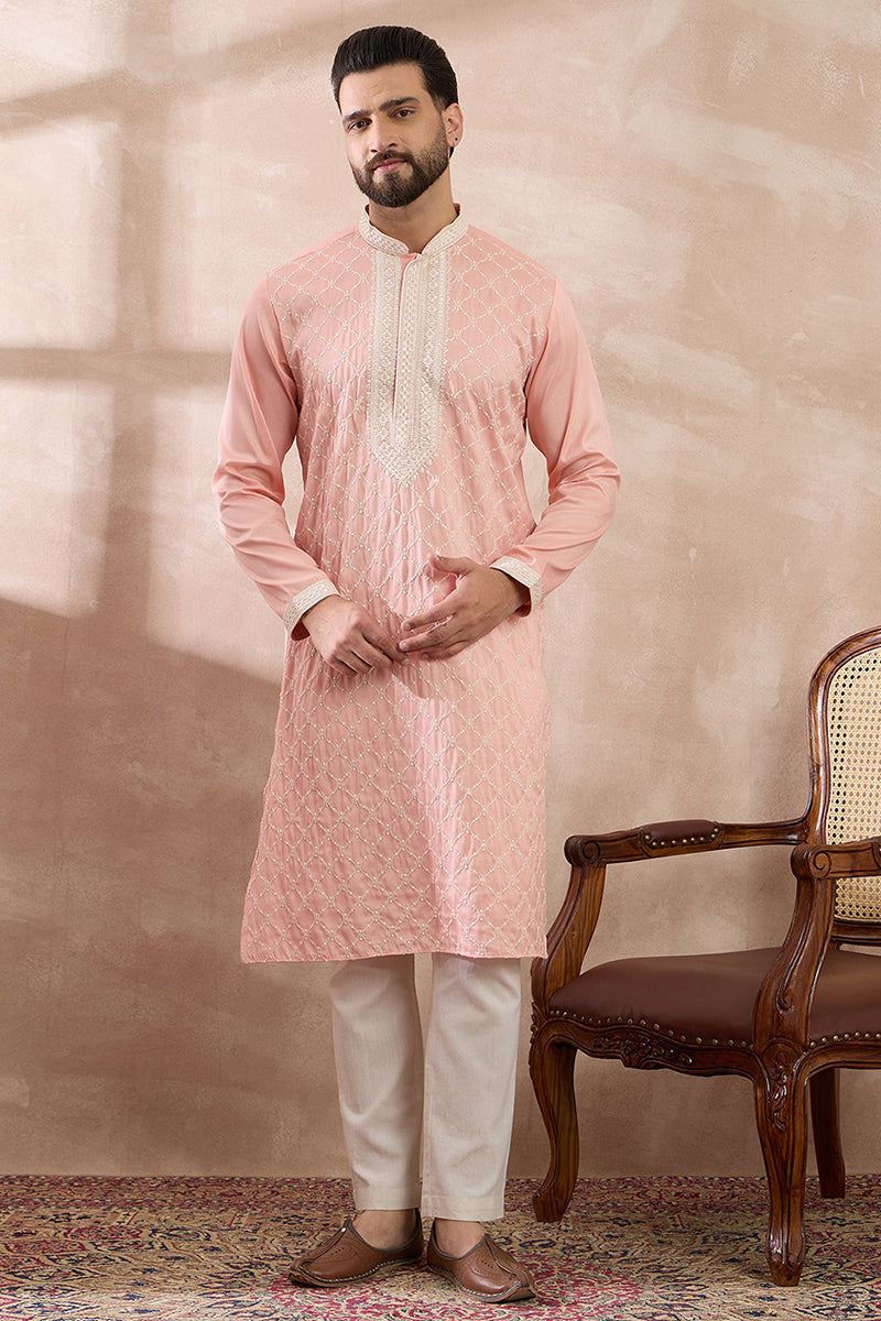 Pink Silk Blend Embroidered Mandarin Collar Straight Kurta MKU1692