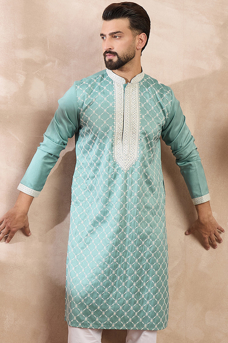 Teal Silk Blend Geometric Embroidered Straight Kurta MKU1693
