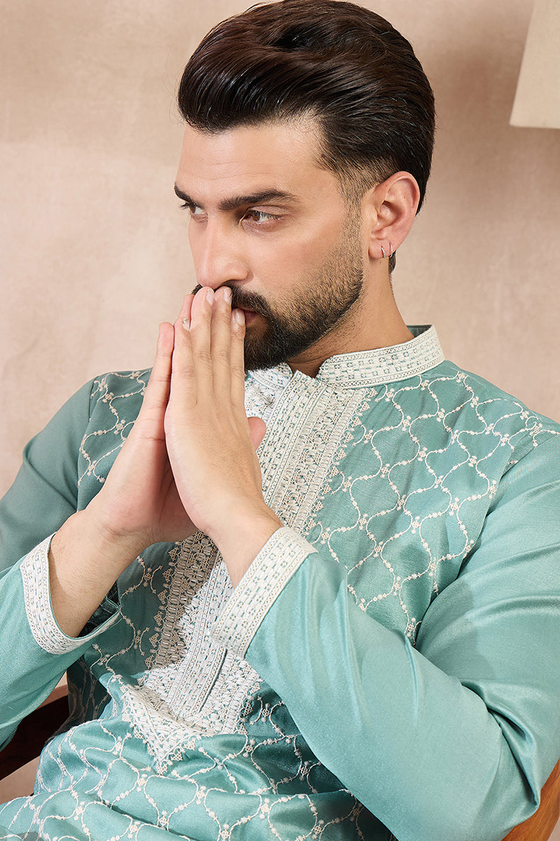 Teal Silk Blend Geometric Embroidered Straight Kurta MKU1693