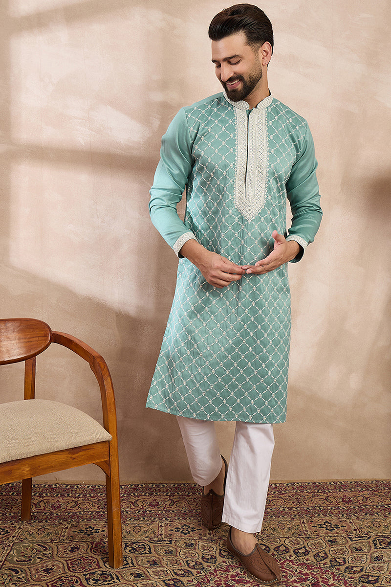 Teal Silk Blend Geometric Embroidered Straight Kurta MKU1693