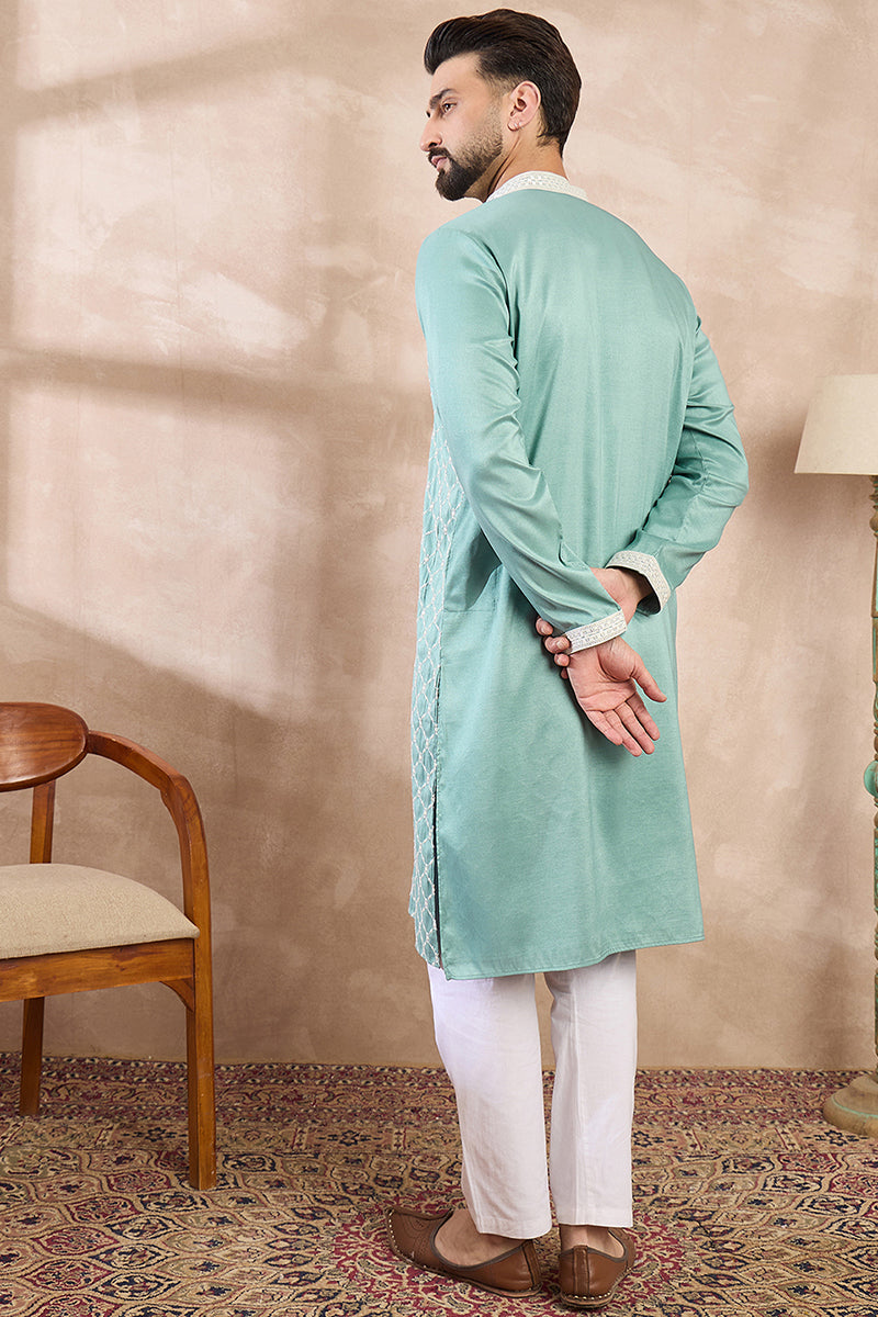 Teal Silk Blend Geometric Embroidered Straight Kurta MKU1693