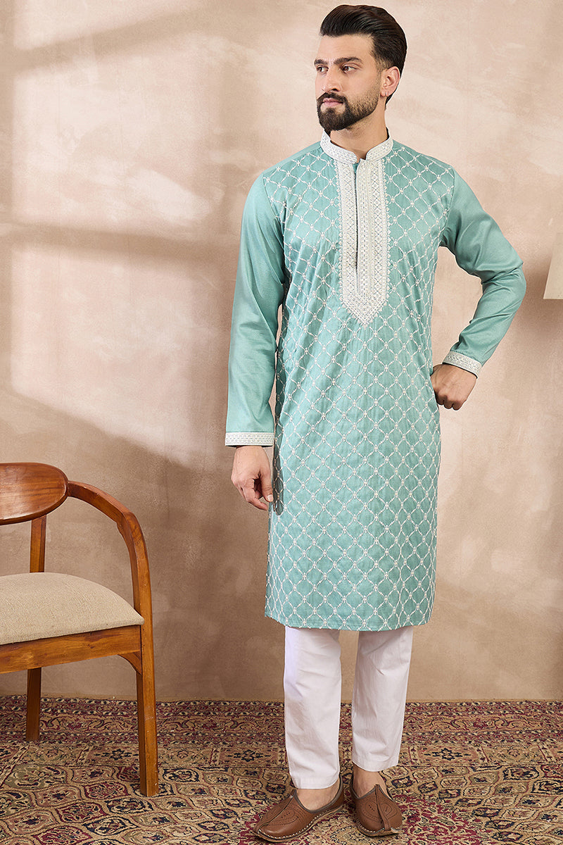 Teal Silk Blend Geometric Embroidered Straight Kurta
