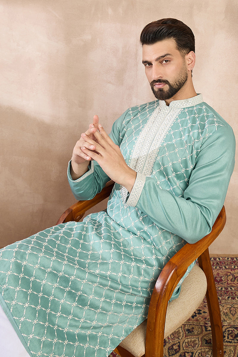 Teal Silk Blend Geometric Embroidered Straight Kurta