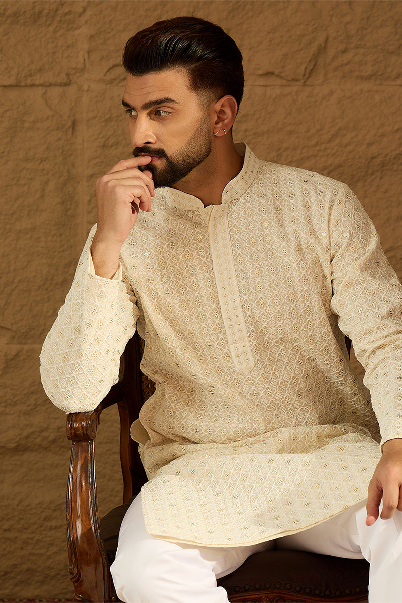 off white cotton solid printed straight kurta