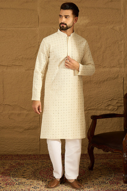 off white cotton solid printed straight kurta with trouser