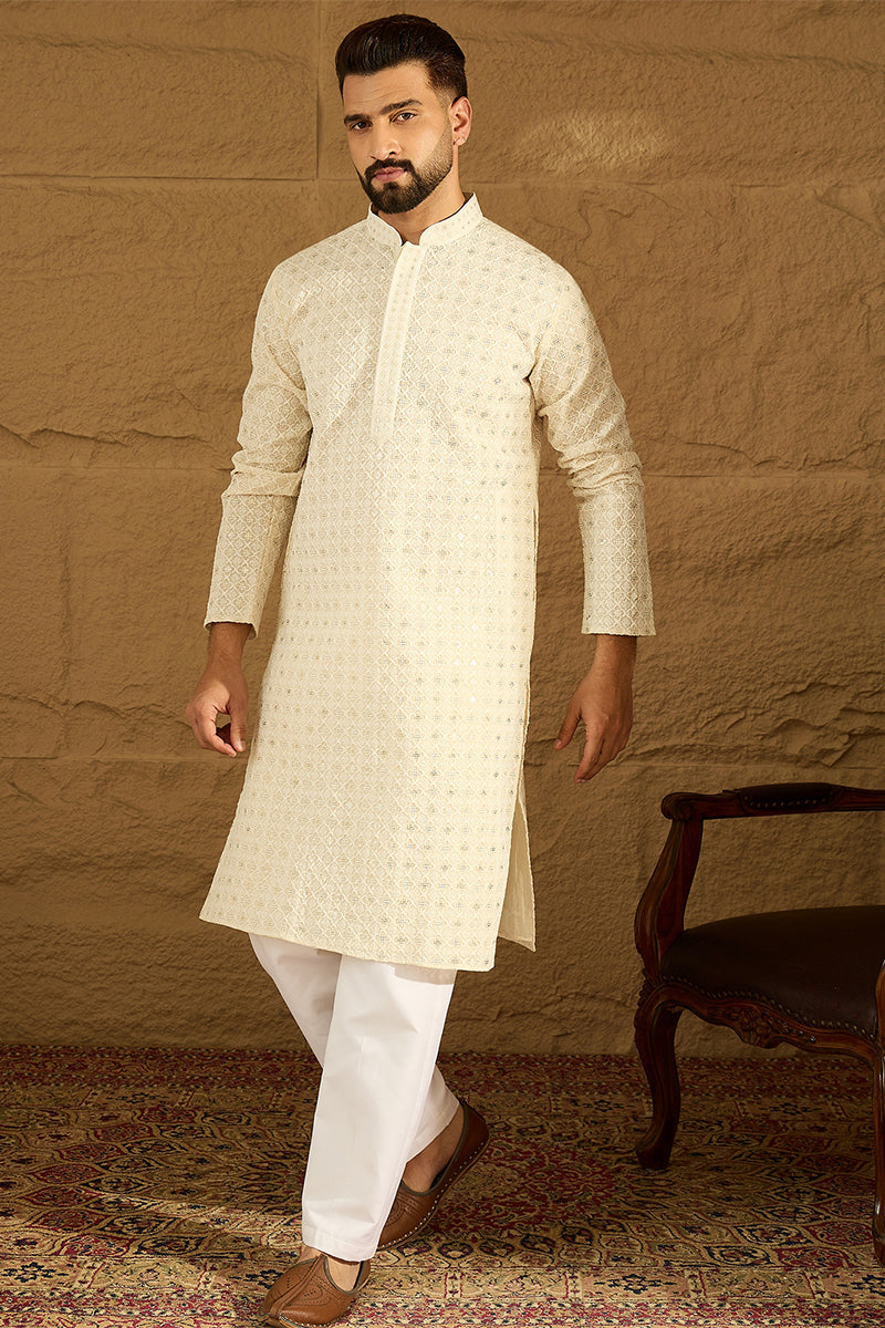 off white cotton solid printed straight kurta