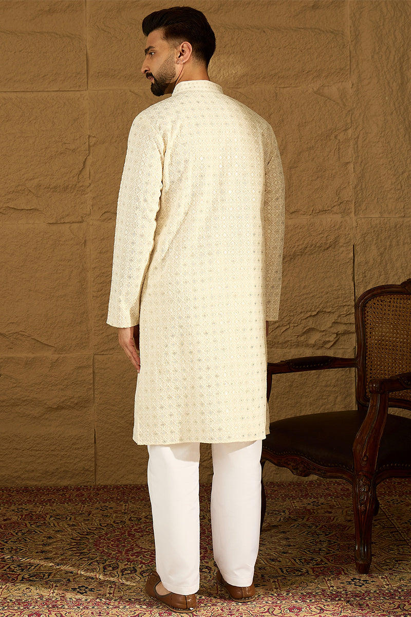 off white cotton solid printed straight kurta