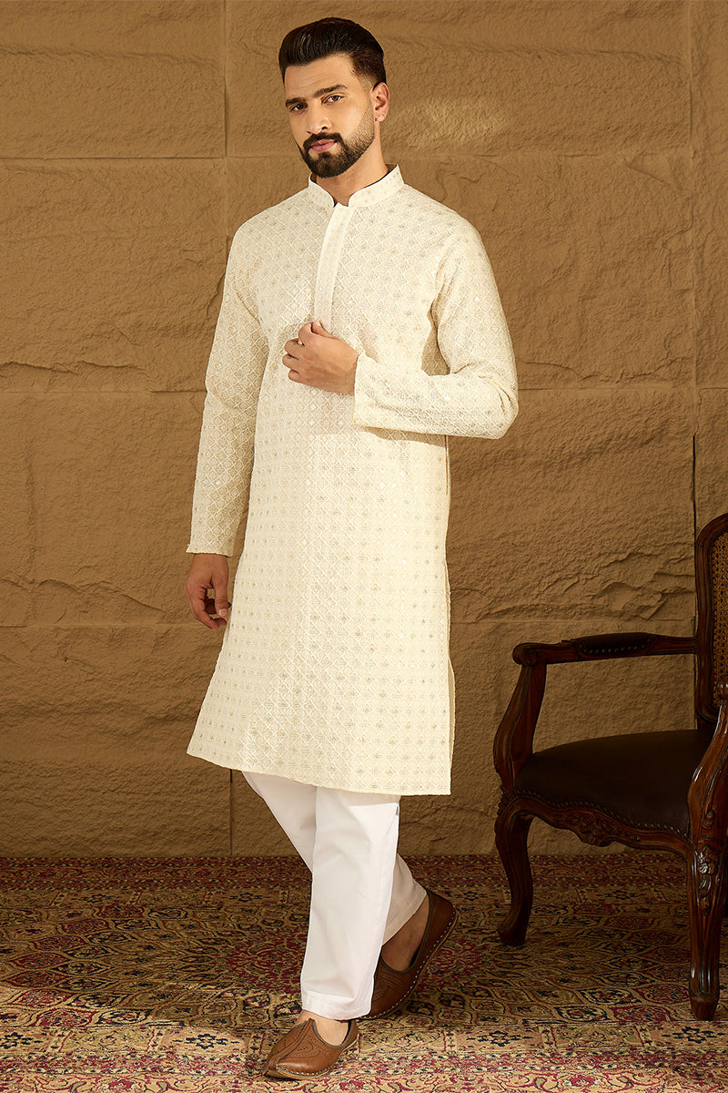 off white cotton solid printed straight kurta