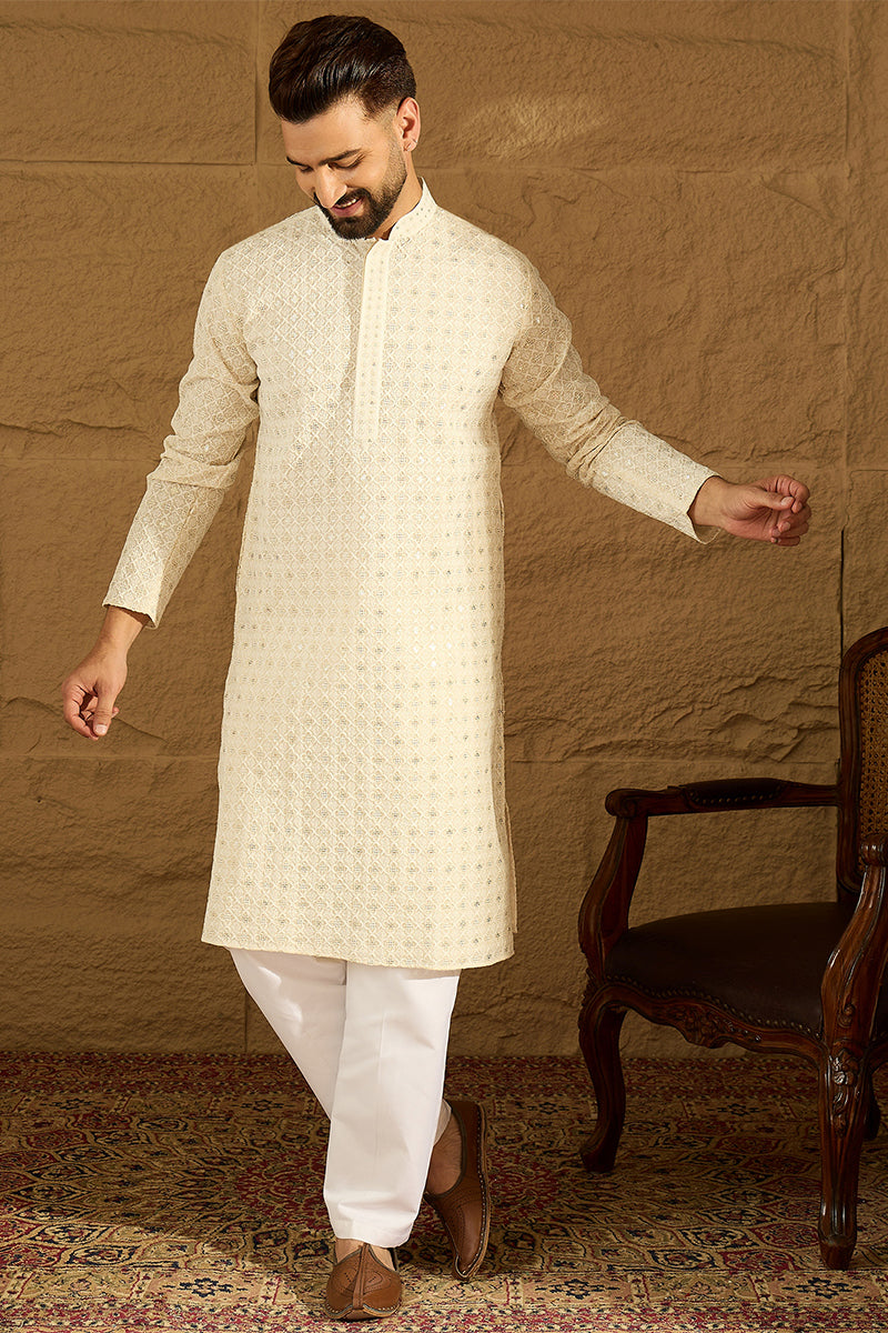 off white cotton solid printed straight kurta