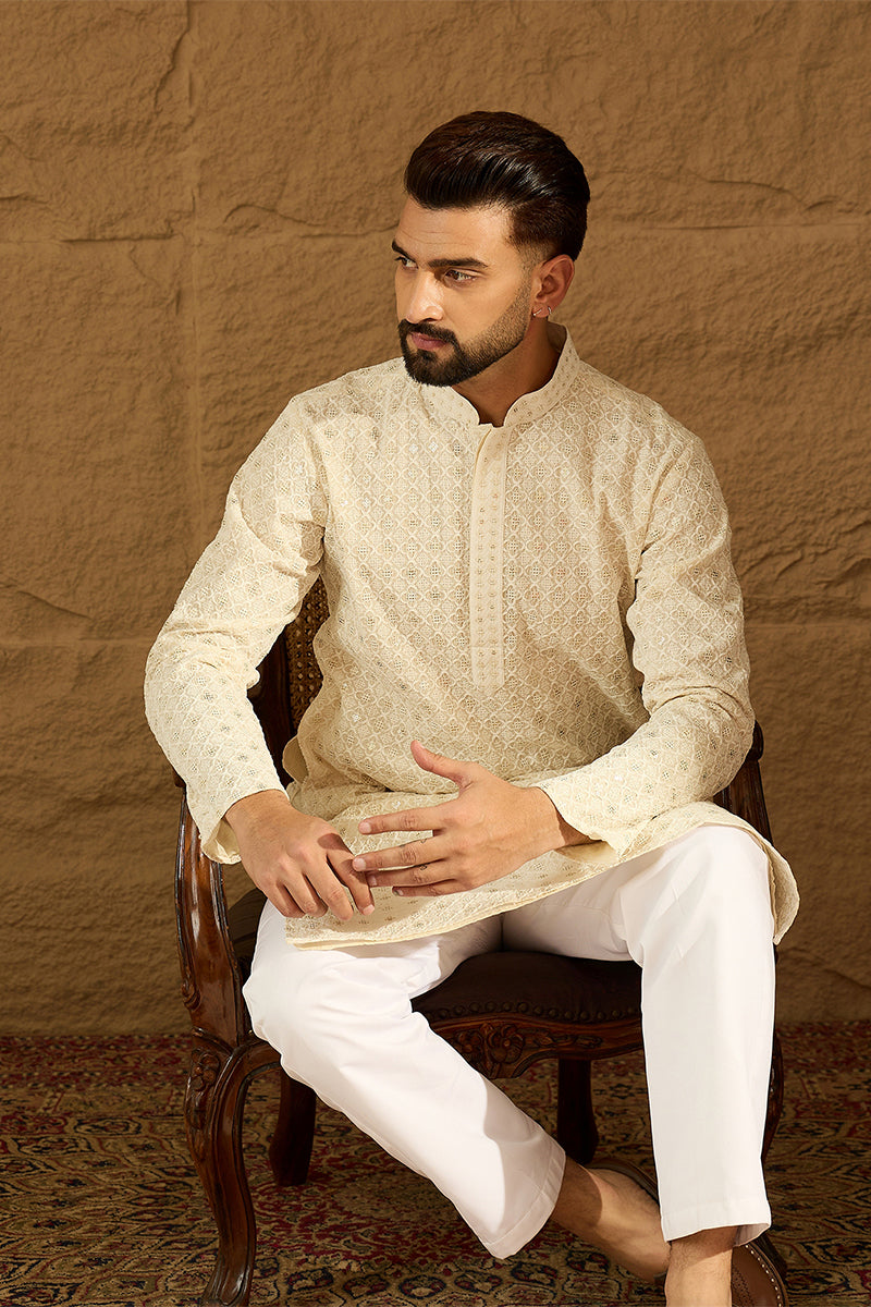 off white cotton solid printed straight kurta