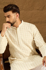 off white cotton solid printed straight kurta