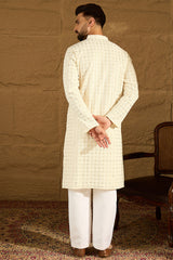 off white cotton solid printed straight kurta