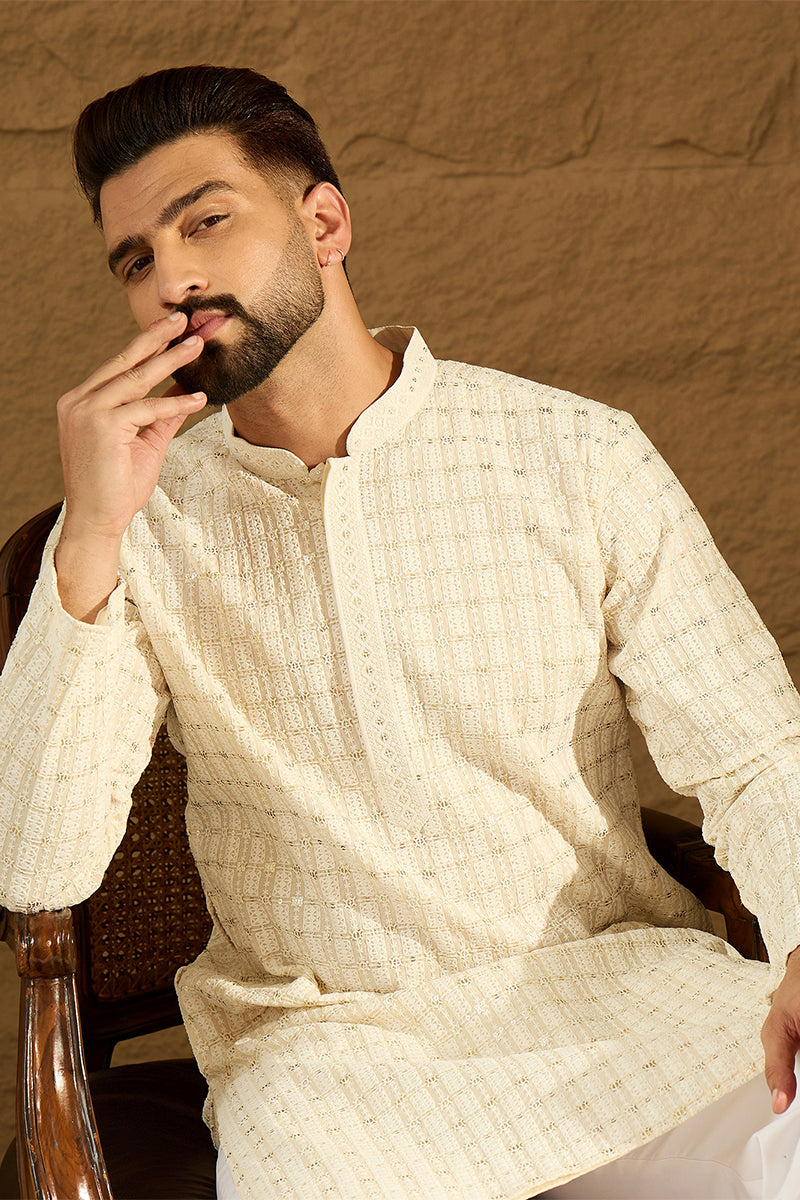 off white cotton solid printed straight kurta