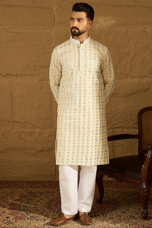 off white cotton solid printed straight kurta with trouser