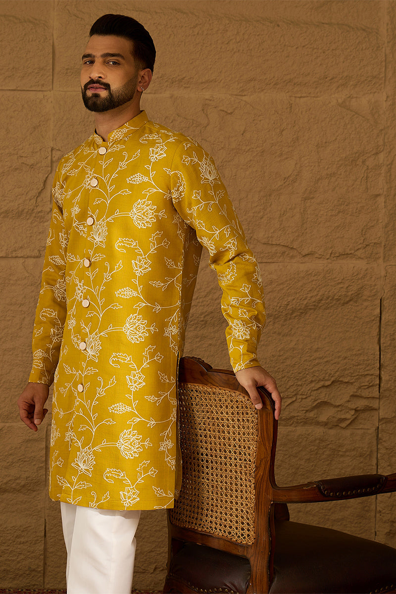 Yellow Viscose Rayon Solid Embroidered Straight Kurta with Trouser MKSET1703