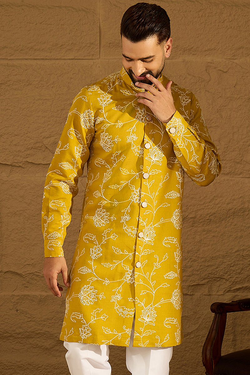 Yellow Viscose Rayon Solid Embroidered Straight Kurta MKU1703