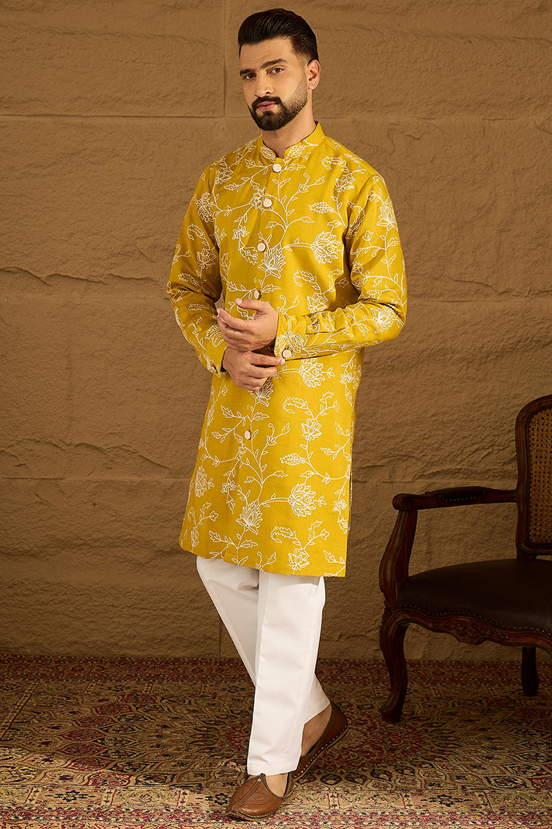 Yellow Viscose Rayon Solid Embroidered Straight Kurta MKU1703