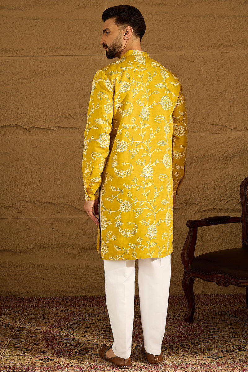 Yellow Viscose Rayon Solid Embroidered Straight Kurta with Trouser