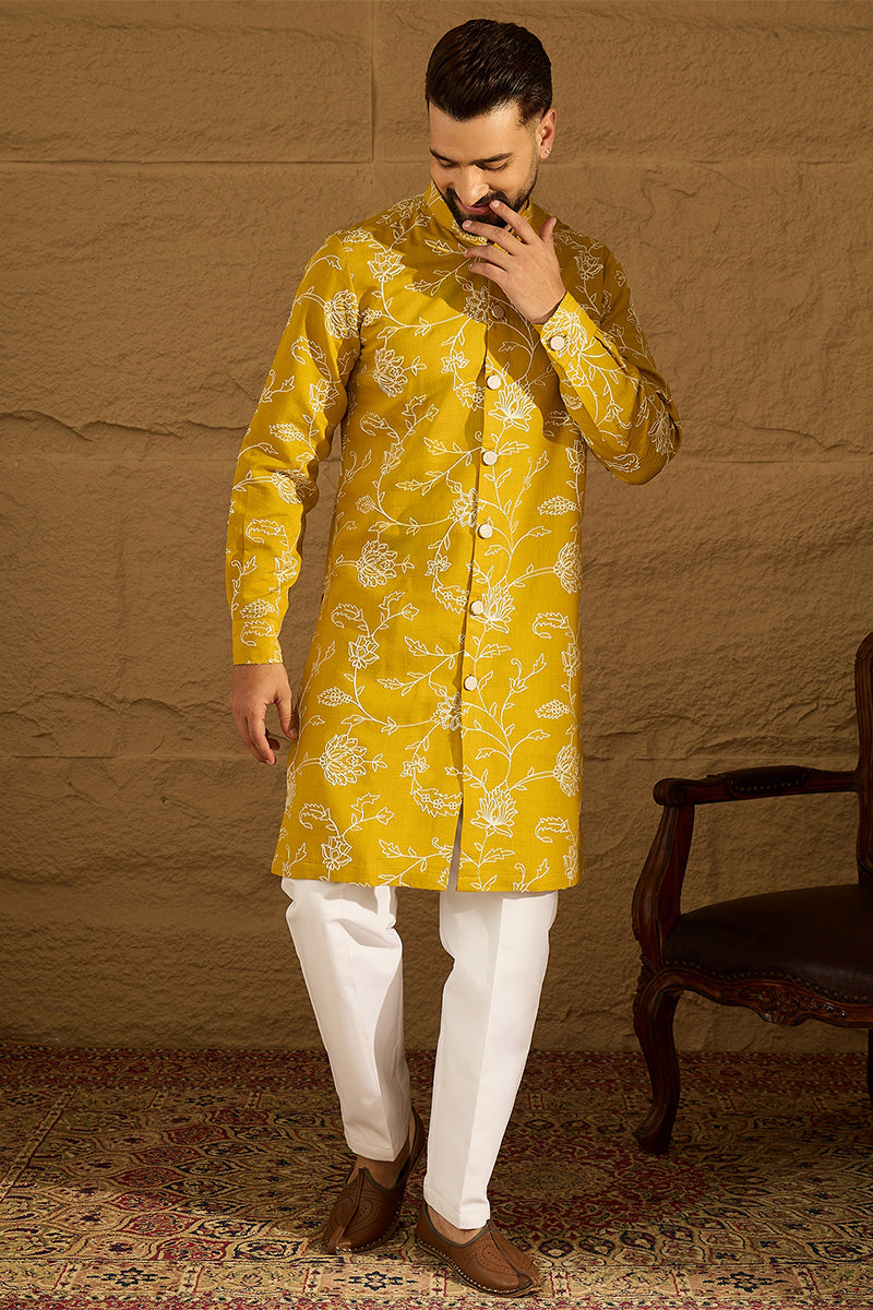 Yellow Viscose Rayon Solid Embroidered Straight Kurta with Trouser MKSET1703