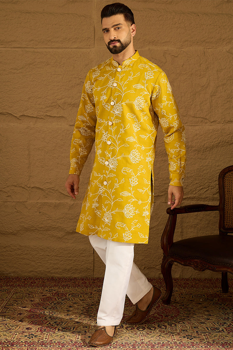 Yellow Viscose Rayon Solid Embroidered Straight Kurta with Trouser