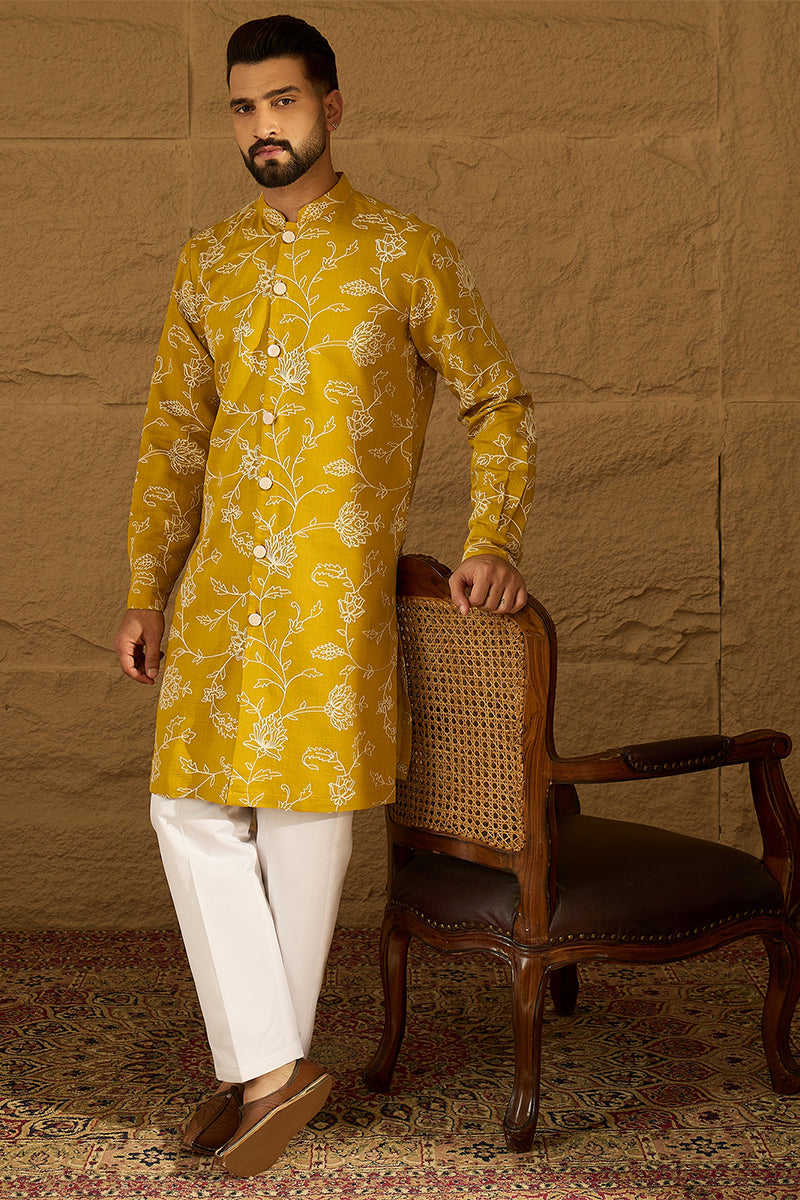 Yellow Viscose Rayon Solid Embroidered Straight Kurta with Trouser MKSET1703