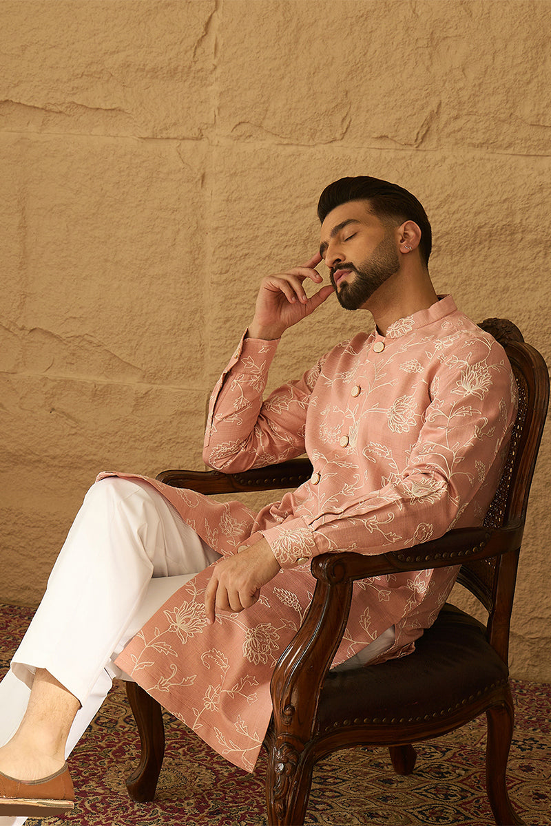 Peach Viscose Rayon Solid Embroidered Straight Kurta with Trouser MKSET1705