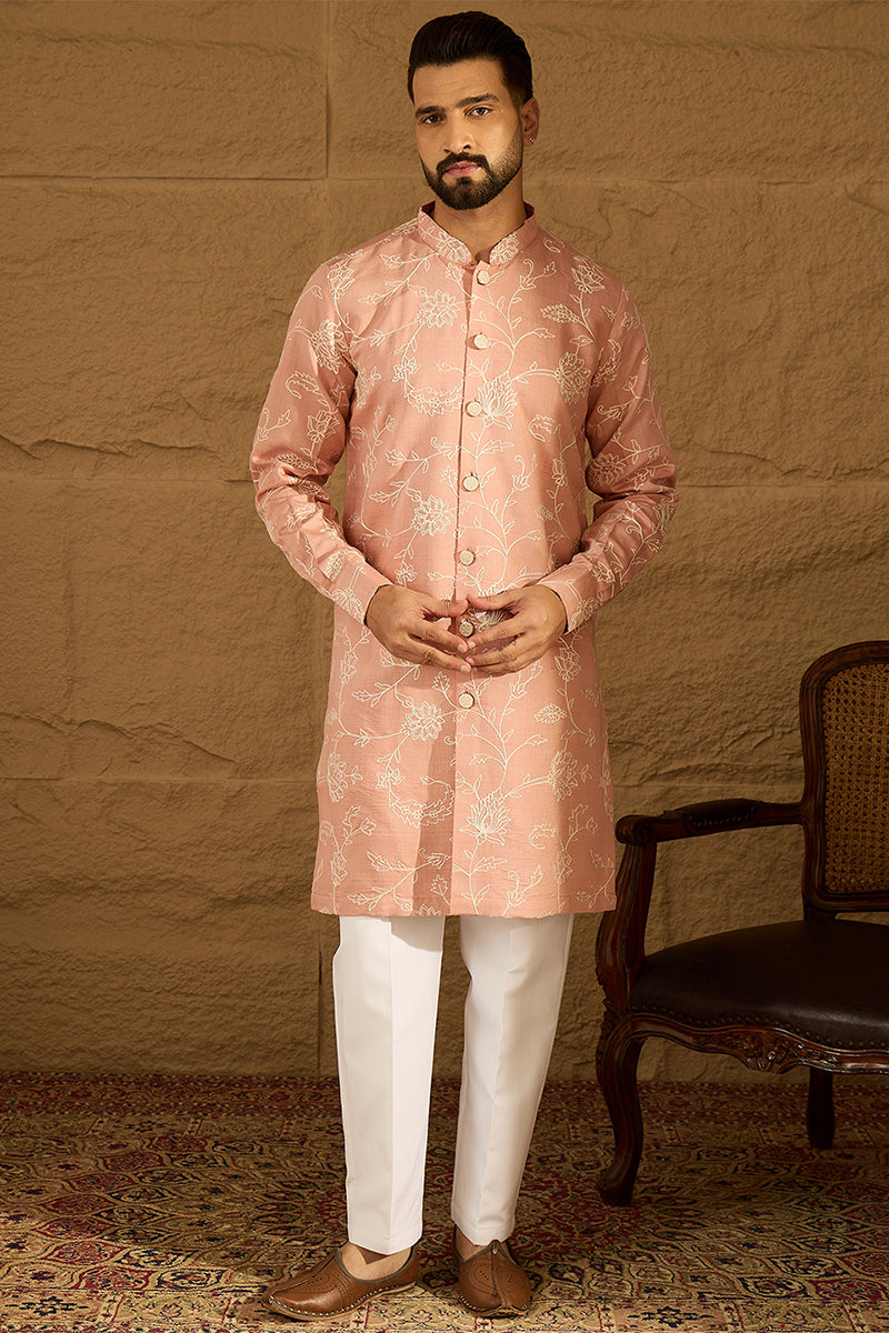 Peach Viscose Rayon Solid Embroidered Straight Kurta with Trouser MKSET1705