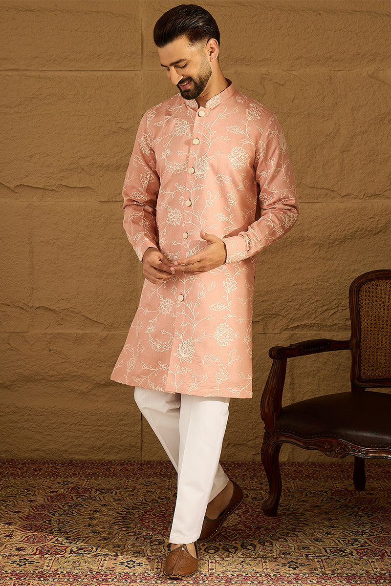 Peach Viscose Rayon Solid Embroidered Straight Kurta with Trouser MKSET1705