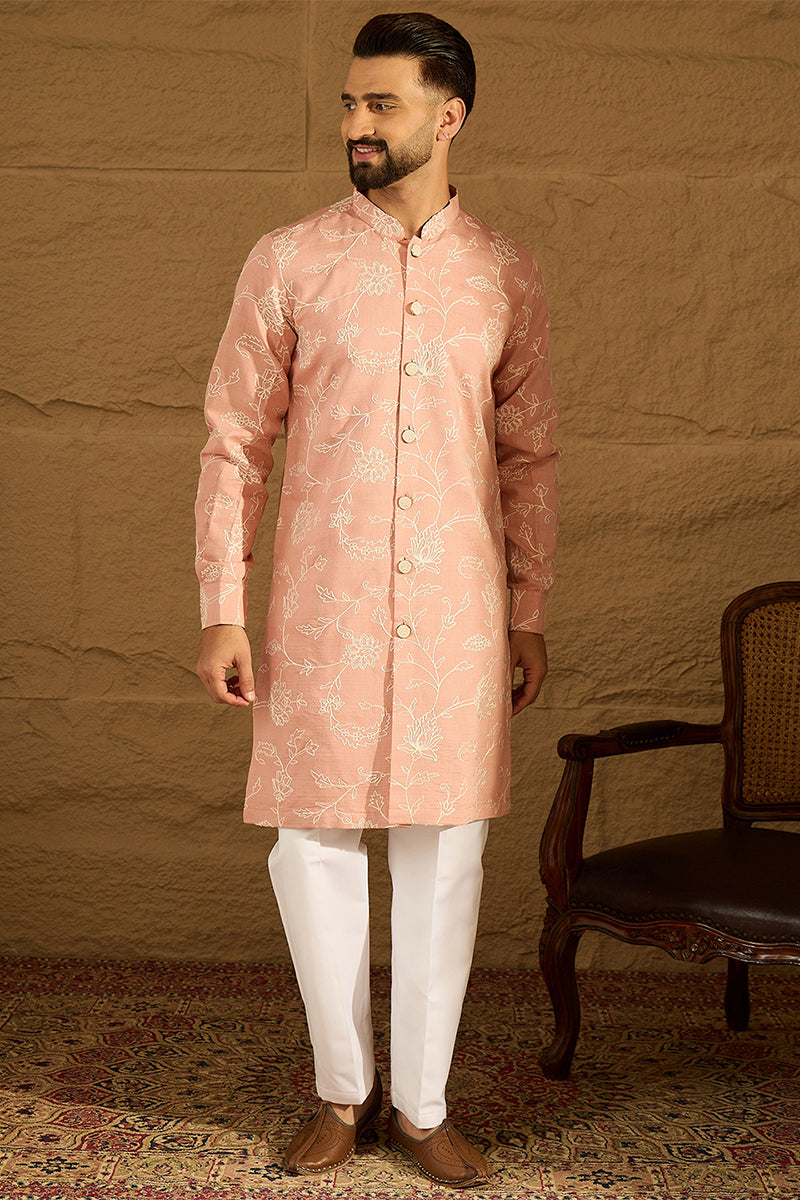 Peach Viscose Rayon Solid Embroidered Straight Kurta