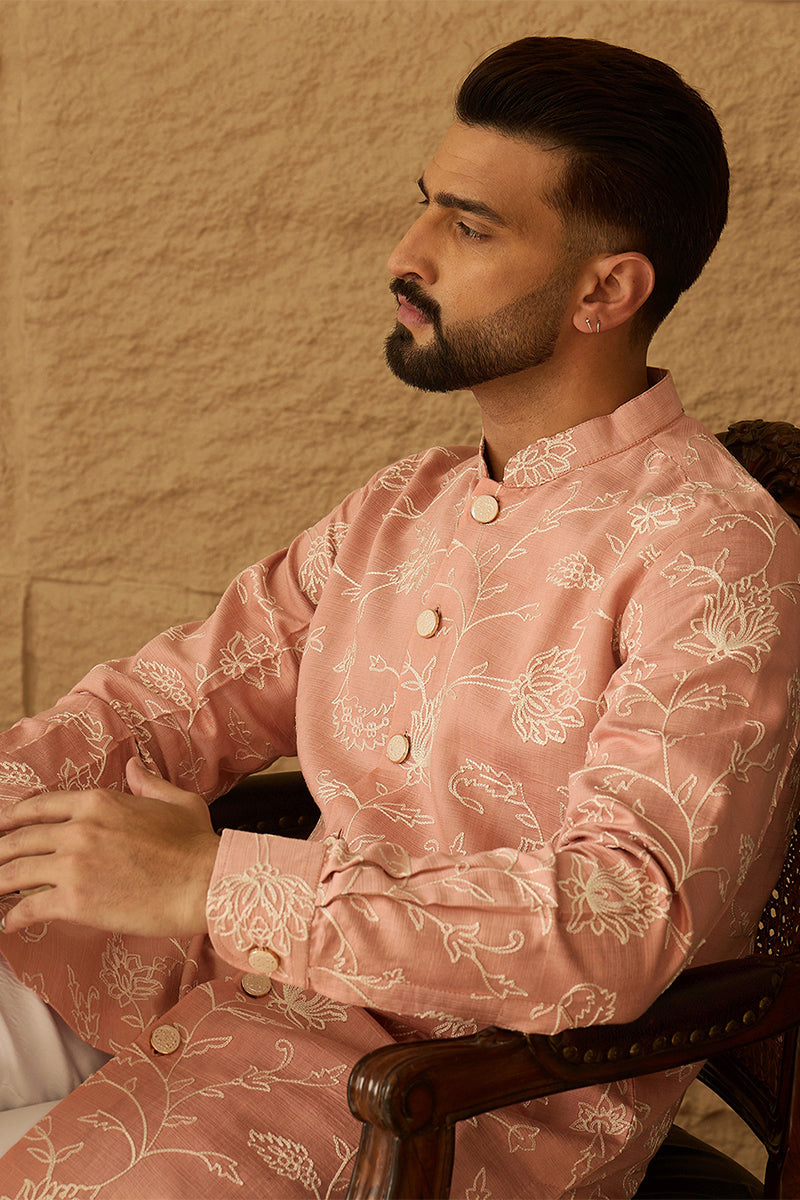 Peach Viscose Rayon Solid Embroidered Straight Kurta with Trouser